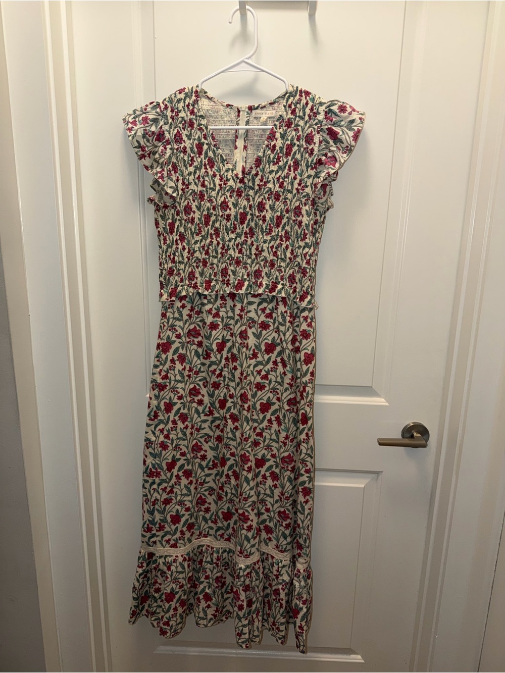 Cream Midi Dress with Red Floral Print and Smocked Bodice